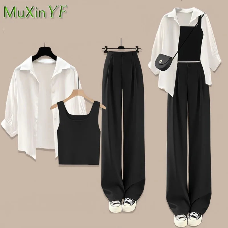 Women's 2024 Spring/Summer New in Matching Set Korean Elegant Casual Sunscreen Shirt+Vest+Suit Wide Leg Pants Three Piece Suit