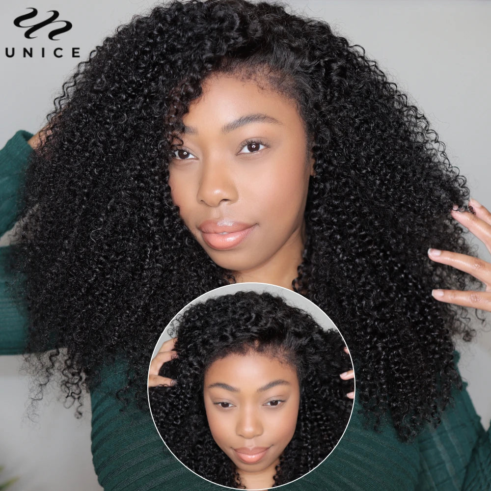 Unice Hair Realistic Edges Kinky Curly Wig Pre Cut Pre Bleached 7x5 Lace Closure Glueless Wig Human Hair Ready To Wear