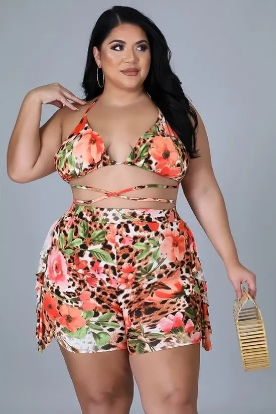 Plus Size Women Clothing Sexy Summer New Bikini Beach Shorts Ruffled Two-piece Set Vacation Leisure Set Wholesale Dropshipping