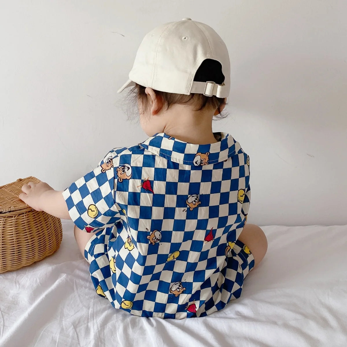 Summer 2023 New In! Cute Newborn Baby Boys' Short Sleeve Plaid Cartoon Print Romper Jumpsuits Kids Infant Cotton Clothes