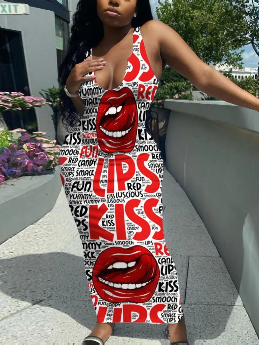 Street U Neck Lip Letter Print White Ankle Length Dress Maxi Dresses For Women Sheath Sleeveless Sexy Streetwears