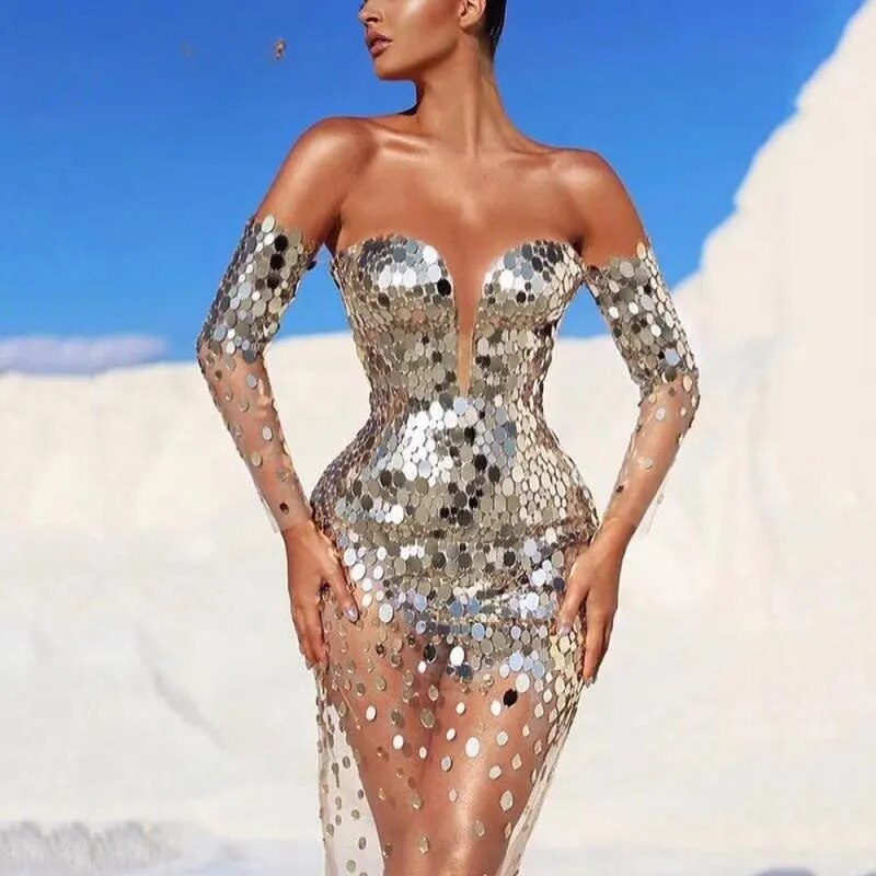 Shiny Sequin Dress See Through Slim Dress Lady Off Shoulder Deep V Club Evening Party Outfits Sparkly Gilter Midi Dresses