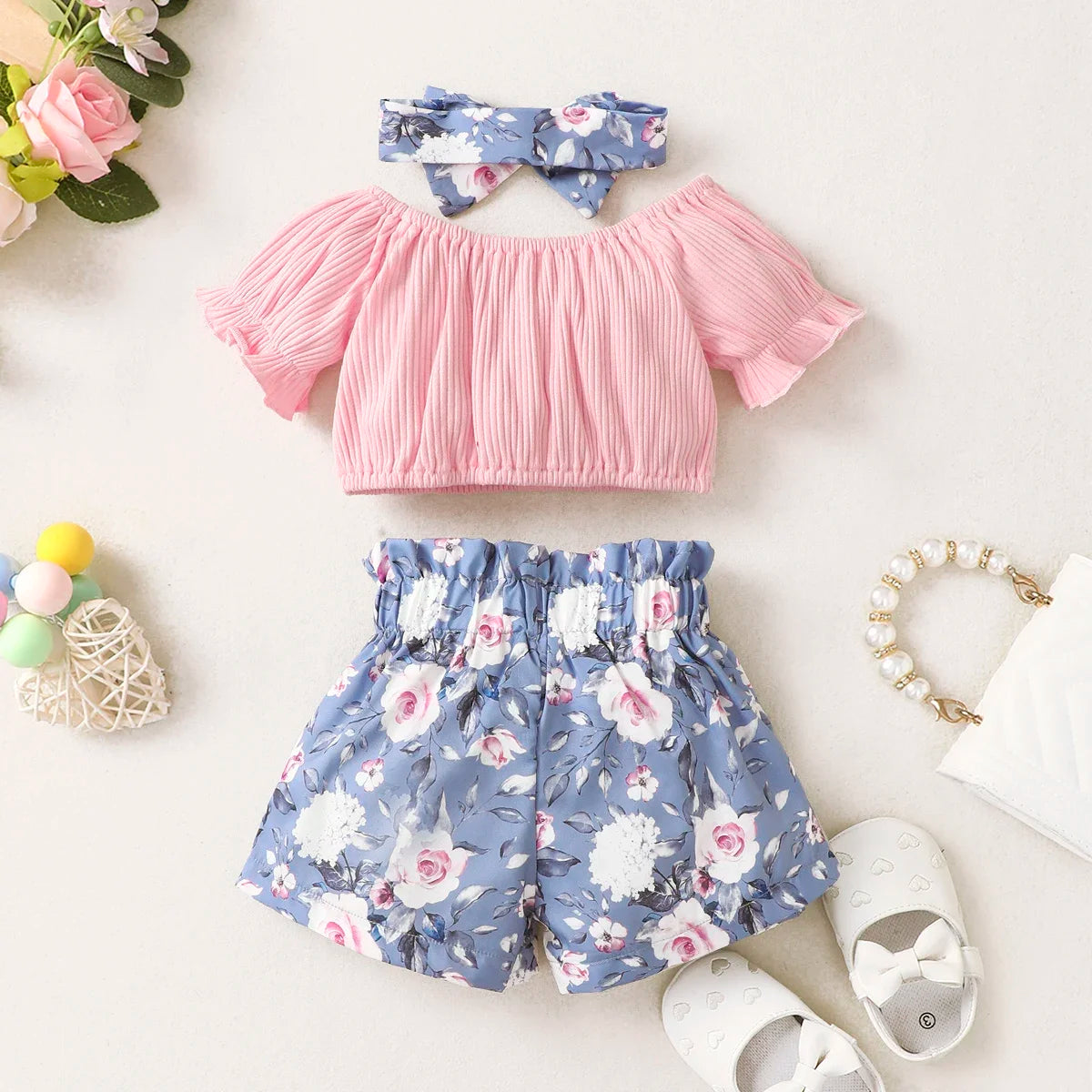 Summer Toddler Baby Girls Clothes Pink Top +Bow Print  Blue Shorts 2Pcs Set Infant Fashion Clothes Outfit