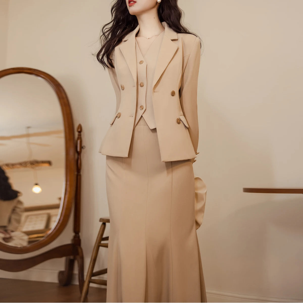 New Women Spring Autumn Casual 3 Pieces Set Small Blazers Coats&Slim Vest And Simple Pencil Skirt Korean Profession Skirts Suits