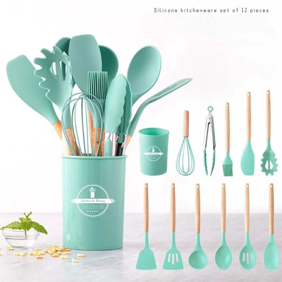 Silicone Kitchen Utensils Set, 12-piece Kitchen Cookware Non-stick Cookware Is Heat-resistant Natural Wooden Handle,Shovel Egg B