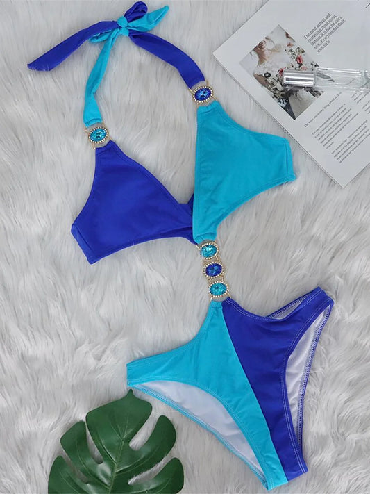 New 5 Colors Diamond Rhinestones Splicing One Piece Swimsuit Women Swimwear Female Halter Cut Out Bather Bathing Suit Swim K5216