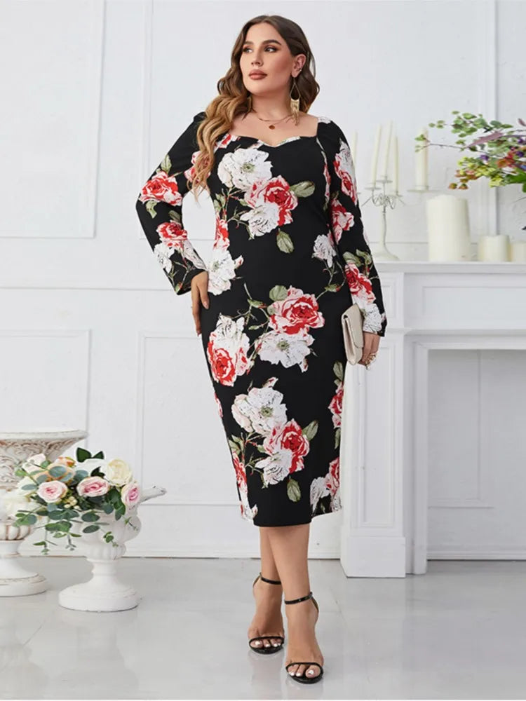 Plus Size Summer Floral Midi Dress Women Flower Print Bodycon Backless Long Sleeve Ladies Dresses Elegant Modis Woman Dress 2023