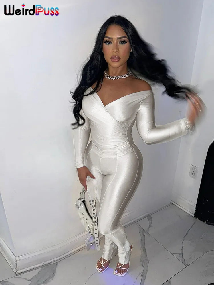 Weird Puss Elegant Women Tracksuit 2 Piece Set Skinny Cross Slash Neck Crop Tops+Leggings Stretch Matching Streetwear Outfits