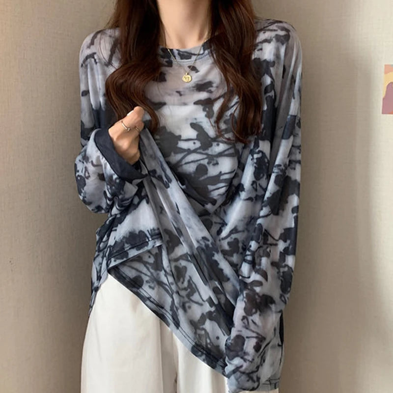 Summer 2024 New Mesh Women's Top Loose tie dyed long sleeved t-shirt for women Round neck Women's clothing