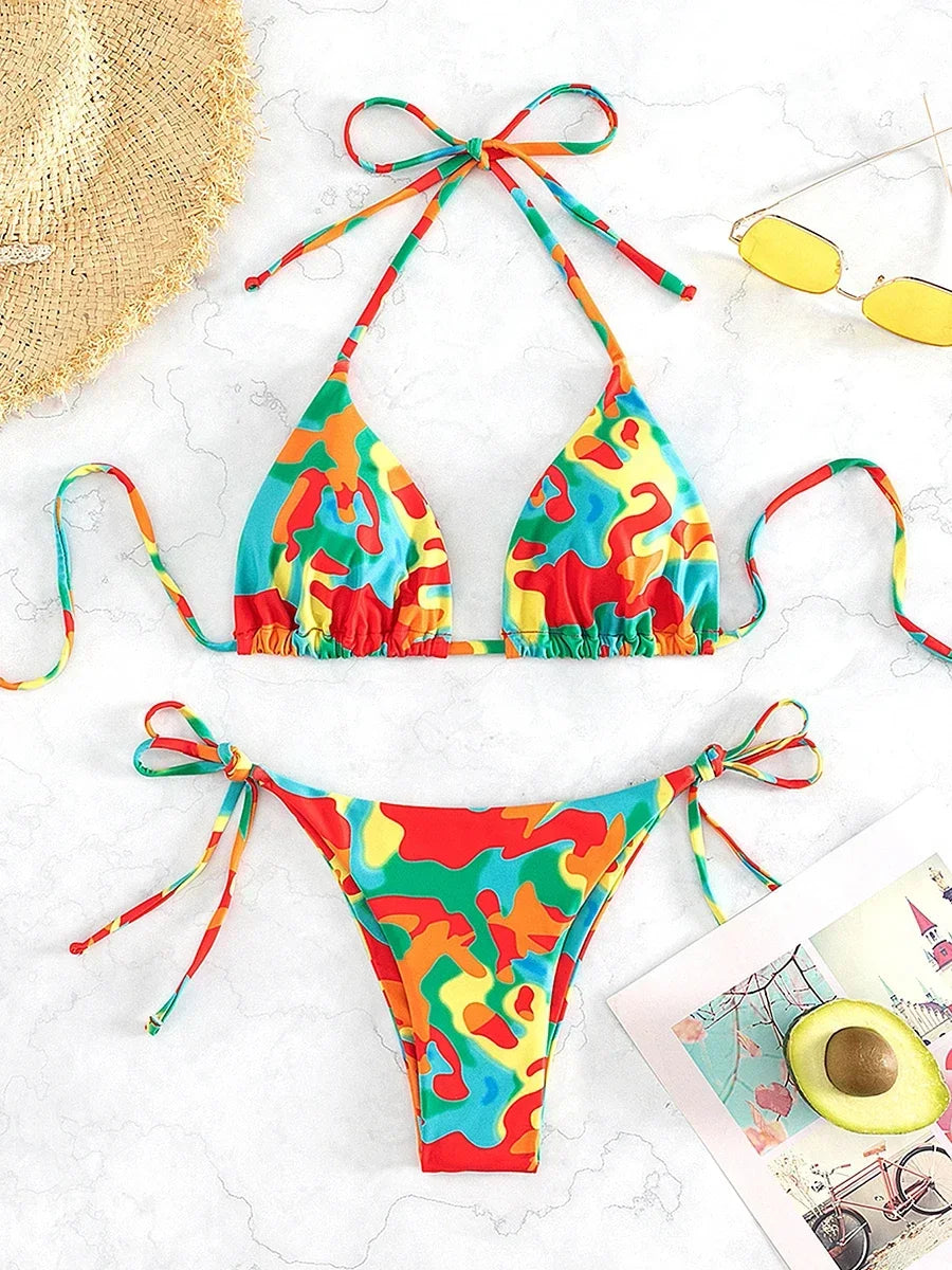 Tie Dye Micro Bikini 2024 Women Swimsuit Female Swimwear Thong Bathing Suits Sexy Bikinis Sets Lace Up Brazilian Halter Biquini