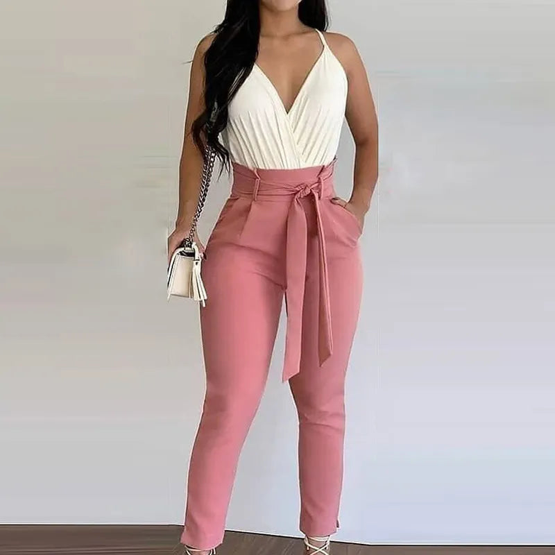 Summer conjuntos feminino Casual V-Neck Lace-Up Pocket Holiday Floral Pants Set 2023 two piece set women top and pants