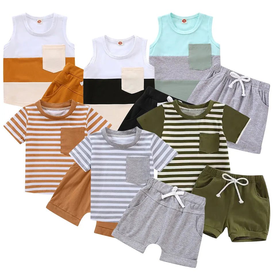 New Boys Summer Sleeveless Set Children Cool Vest and Shorts Set Children Striped Fashionable Casual Wear Children Sets