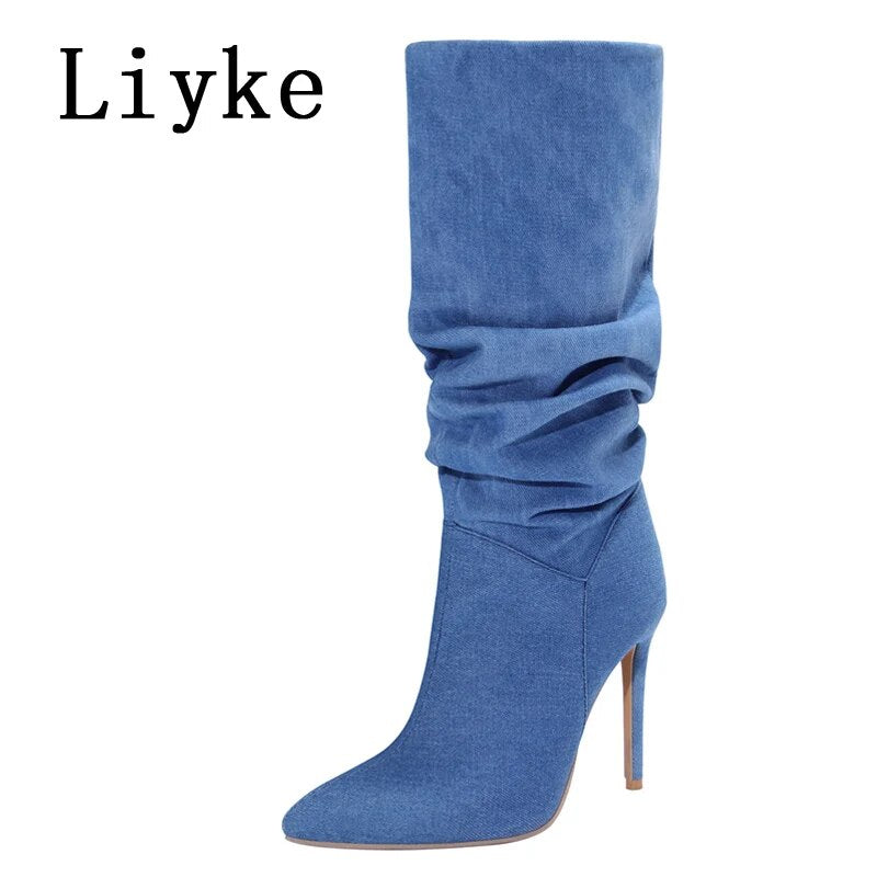 Liyke Autumn Winter Sexy 11CM Stiletto Heels Blue Denim Knee High Boots Women Party Fashion Pleated Pointed Toe Shoe Botas Mujer 