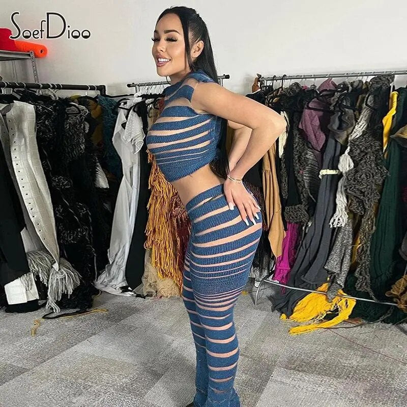 Soefdioo Striped Mesh Sexy Straight Leg Pants Women Fashion See Through High Waist Flare Trousers 2023 Summer Hipster Streetwear