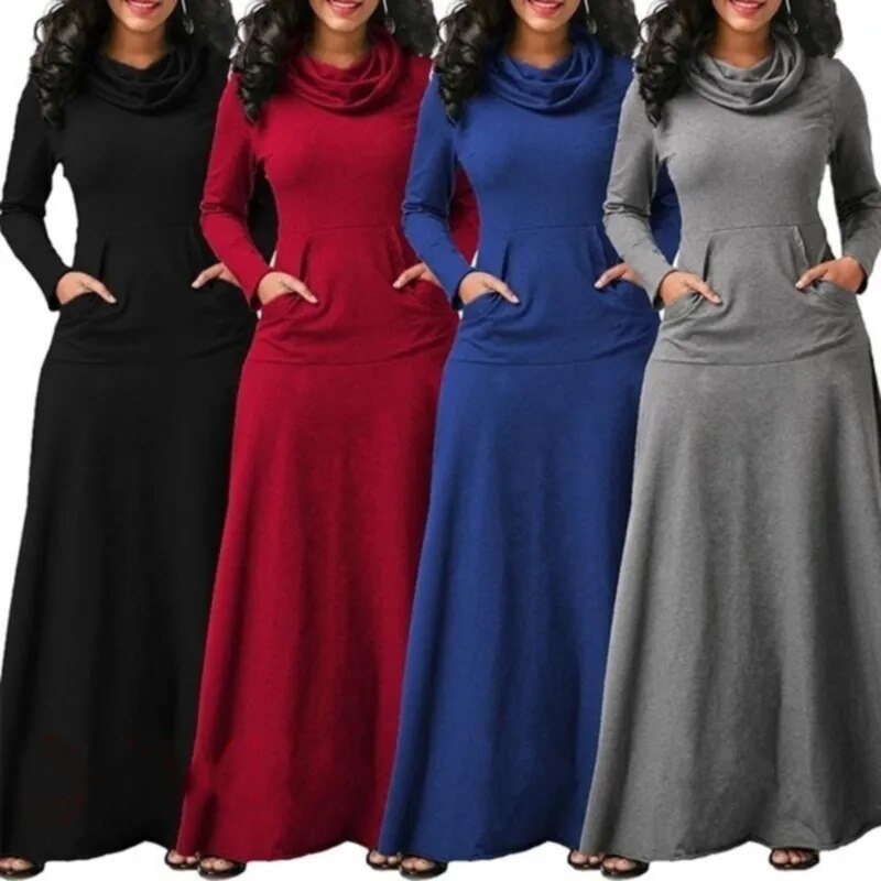 Plus Size 5XL Elegant Long Maxi Dress Autumn Winter Warm High Collar Women Long-sleeved Dress 2023 Woman Clothing With Pocket