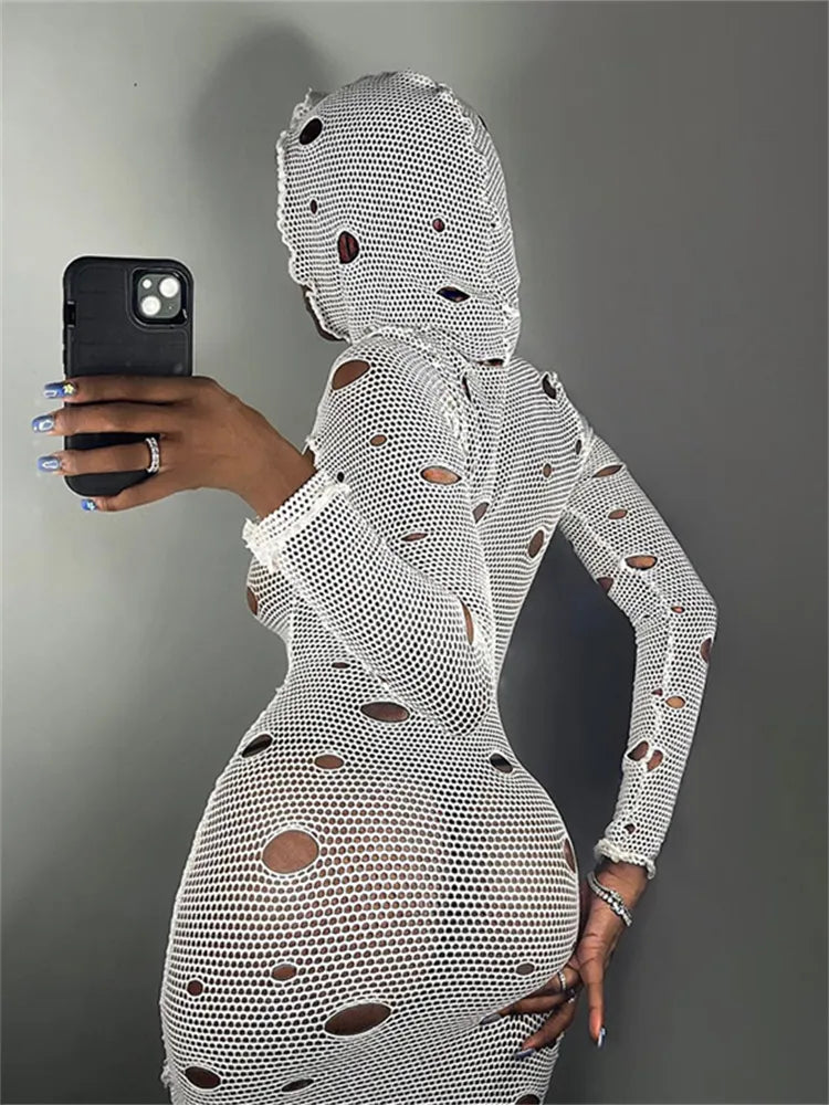 WJFZQM Mesh Sexy Through Hollow Out Midi Dresses Women Club Party Hooded Ripped Bodycon Elegant Dress Midnight Party 2023 Autumn