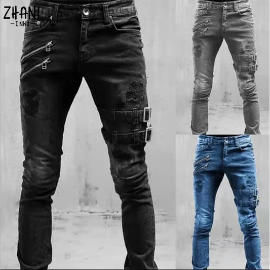 Plus Size Straight Jeans Man Pants Spring Summer Boyfriend Jeans Streetwear Skinny Zips 3 Colors Cacual Long Denim Trousers 