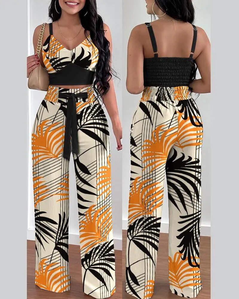 Women Fashion Print Halter V-Neck Short Tank Suit Tops Long Pants Matching Set Summer Casual Female Slim Pants Two Piece Sets 