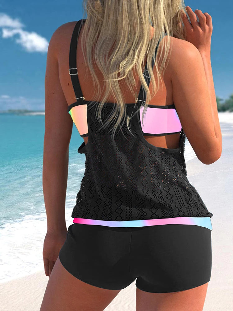 Pastel Color Hollow Out Mesh Tankini Swimsuit Boyleg Tankini Two Piece Swimwear Padded Adjustable Strap Bathing Suit