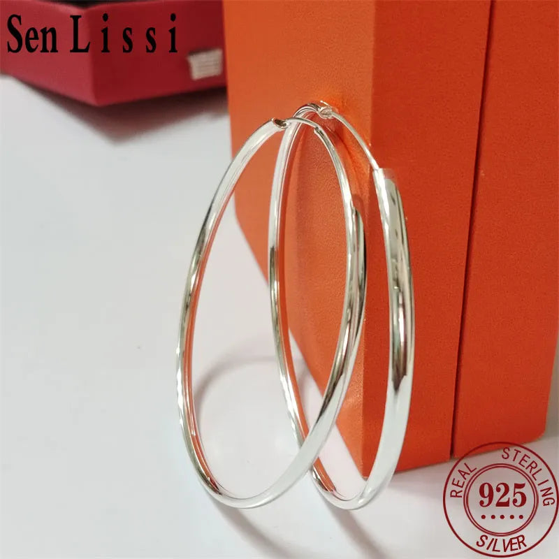 Senlissi - New Platinum Plated 925 Sterling Silver Women's Hoop Earrings 3.0mm Fashion Earring 18K Gold Cерьги Kольца 70 80 90MM