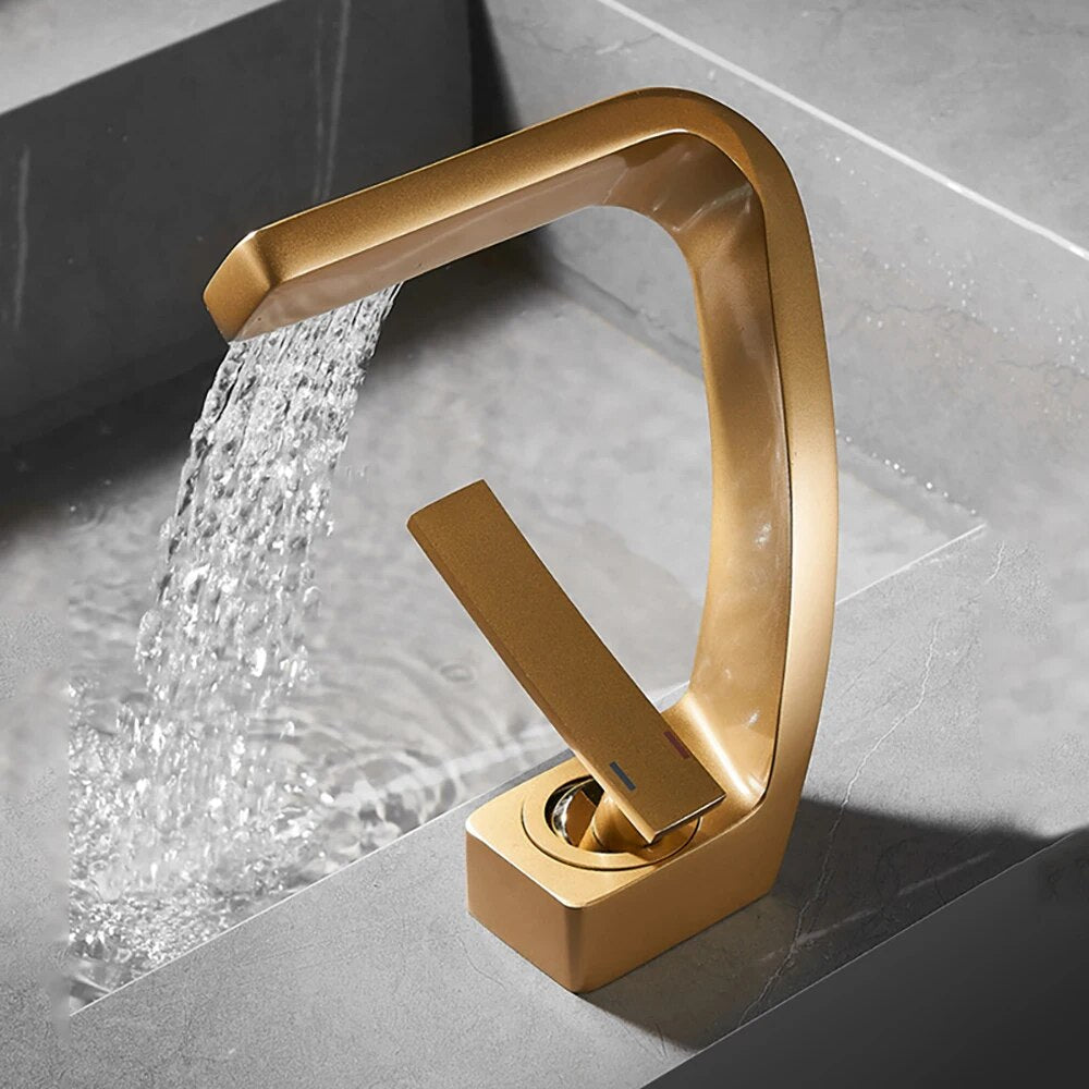 Tianview Brass basin faucet gold creative waterfall home single-hole sink washbasin vanity basin hot and cold water faucet