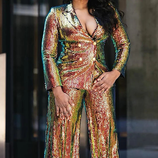 Plus Size Semi Formal Pant Set Gold Sequin Long Sleeve Lapel Wide Leg Two Piece Pant Set