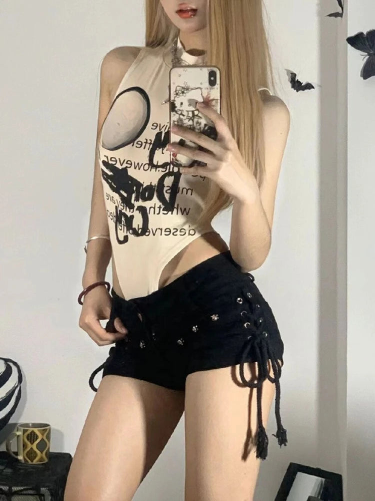 QWEEK Sexy Bandage Denim Shorts Women American Retro Harajuku Streetwear Punk Gothic Student Shots 2024 Spring Summer Fashion