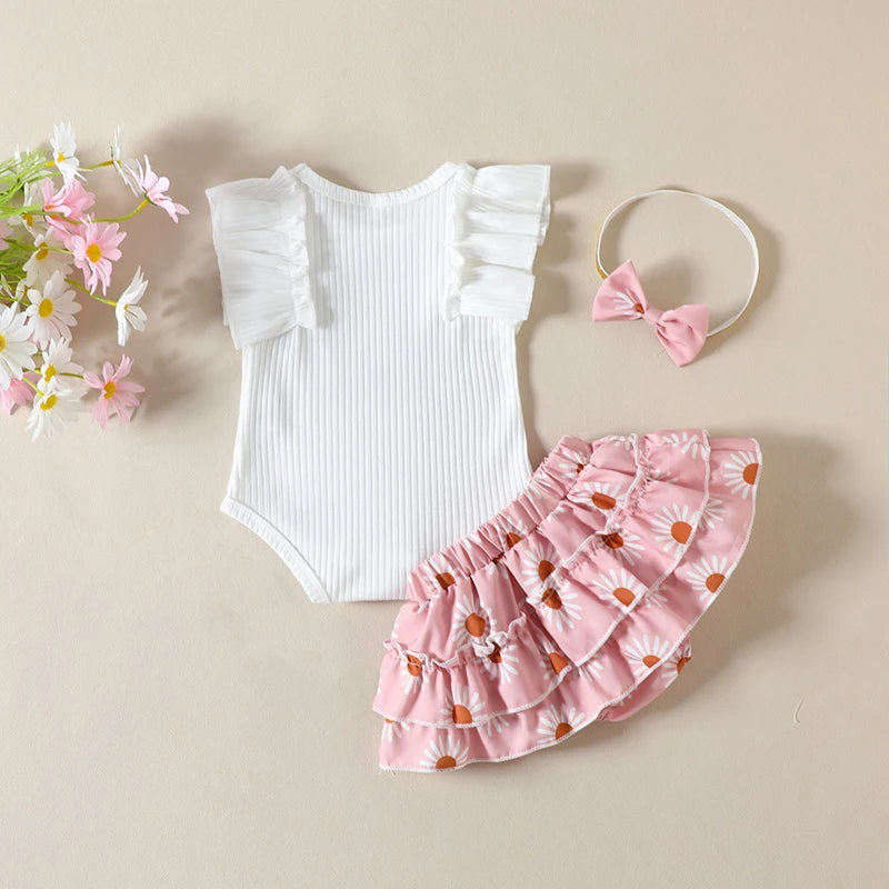 Newborn Baby Girl Summer Cotton Cute Romper Outfit Short Sleeve Tutu Skirt Bowknot Headband Set Birthday Party Clothes