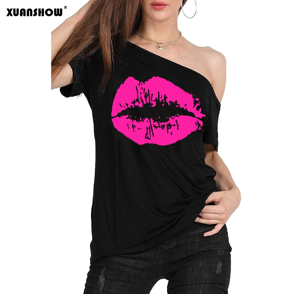 XUANSHOW 2024 Summer Sexy Women's Lips Print Causal Off The Shoulder Loose T-Shirt Tops