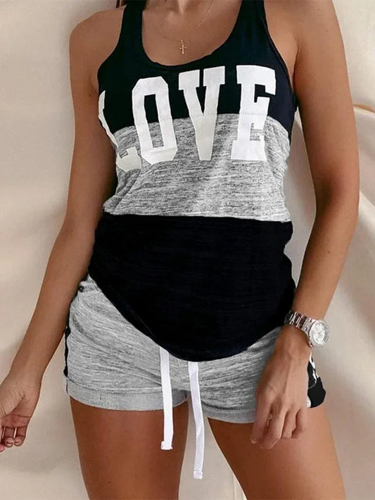 Two Piece Shorts Sets Women Tracksuit Summer Clothes Colorblock Letter Print Tank Top Shorts Suits Casual 2PCS Woman Set Outfits