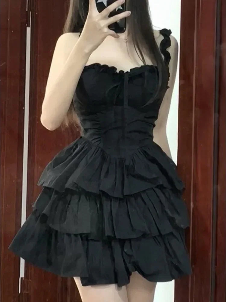 QWEEK Gothic Hrajuku Goth Lolita Kawaii Cute Black Ruffles Dress Soft Girl Y2k Coquette 2024 Fashion Cake Party Short Dresses