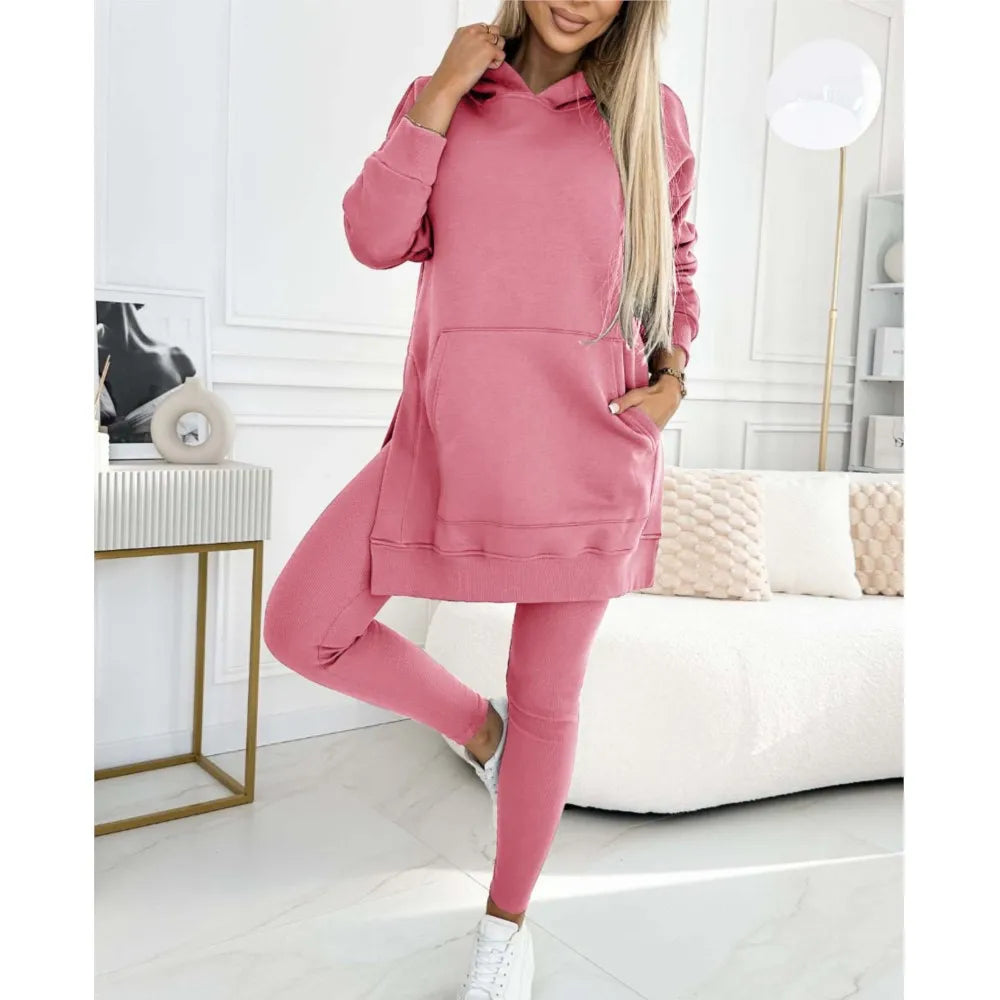 Autumn Winter New Casual Hoodie Women's Solid Color Suit Simple Fashion Pocket Thick Thread Casual Leggings Female 2 Piece Set