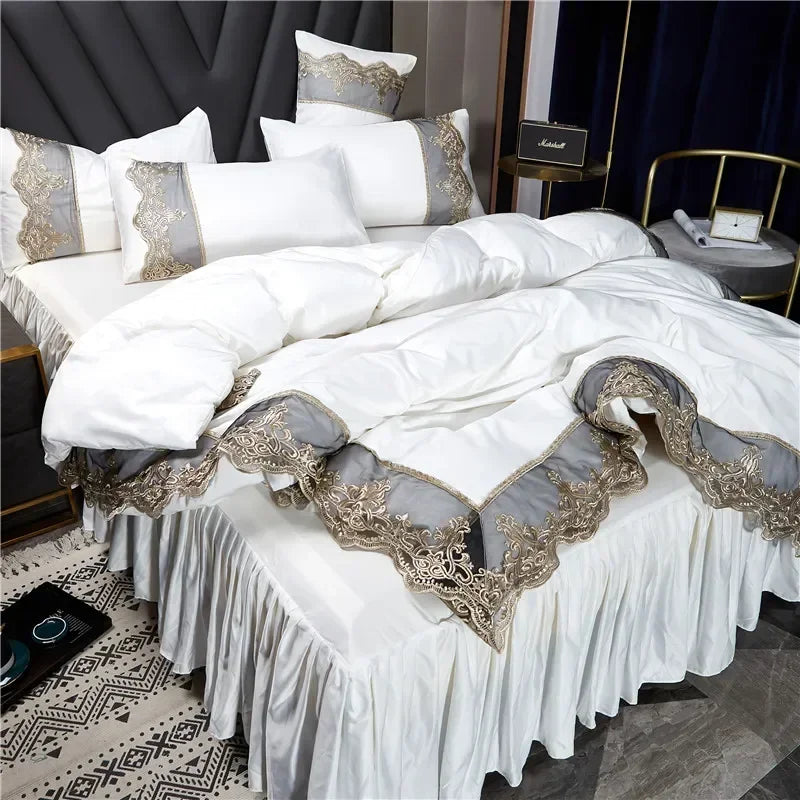 Princess style big lace side bed on four-piece set washed ice silk silk silk bed skirt white bedspread