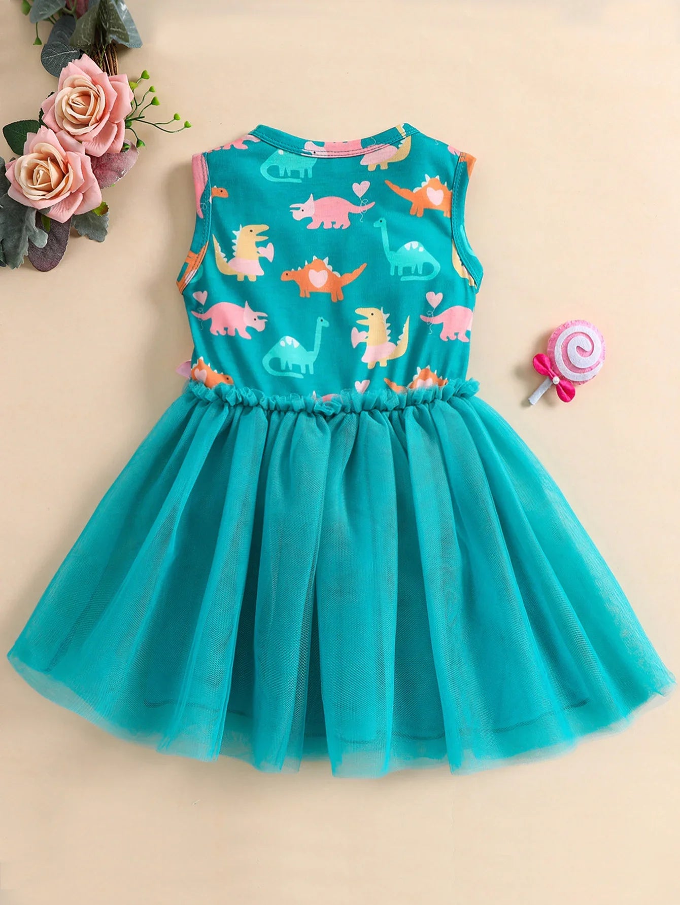 Summer 1-5 Years Little Girl Princess Dress Clothing Baby Girl Sleeveless Dinosaur Print Mesh Dress For Kids Girl Party