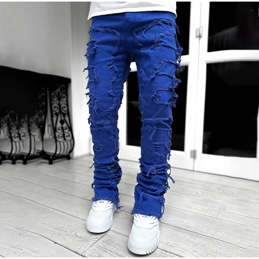 Streetwise Stretch Patch Jeans For Men Bottom Baggy Men's Clothing Summer Solid New Fashion Mid Waist Patchwork Long Pants Male 