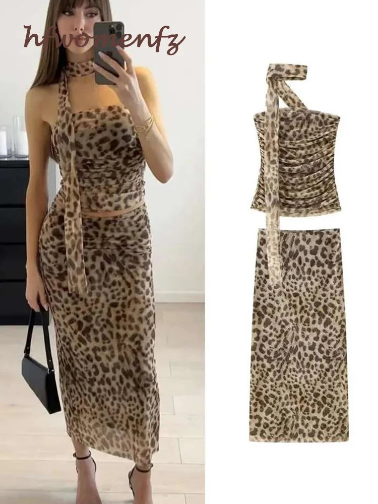 Sexy Leopard Printed Midi Skirt Sets Women 2 Pieces 2024 Summer Tube Top Women's Suit Two Piece Set Female Outfit Y2k Streetwear