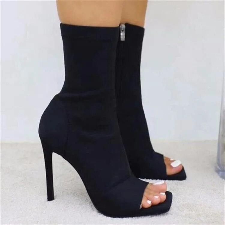 Large High Heel Women's Shoes 2023 New Mid Barrel Elastic Side Zipper Thin Heel Fish Mouth Women's Boot Chelsea Boot 