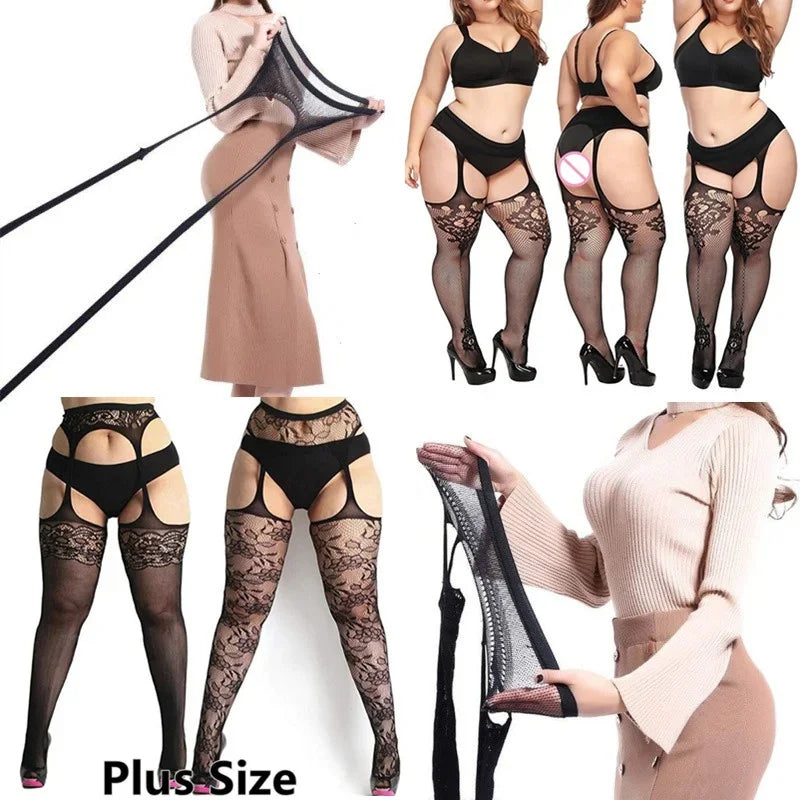 Plus Size Thigh High Tights Open Crotchless Pantyhose Plus Size Stockings black Fishnet Panty Socks Belt for Women lingerie Sexy