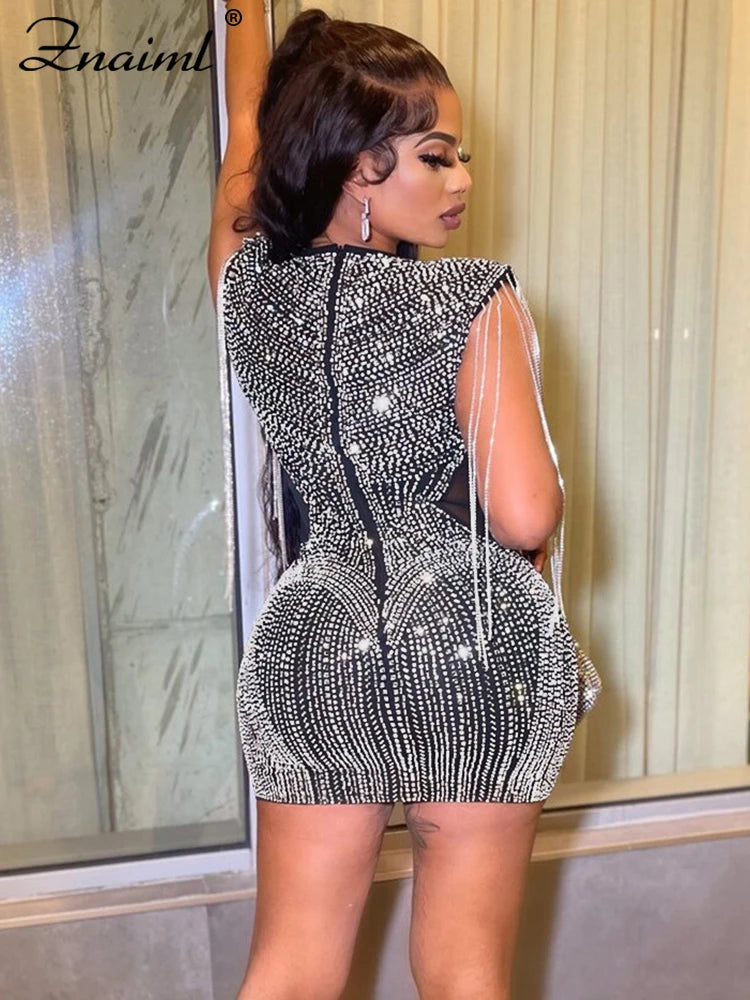 Luxury Mesh Sheer Patchwork Sparkly Night Club Party Prom Dresses for Women Crystal Diamonds Rhinestone Birthday