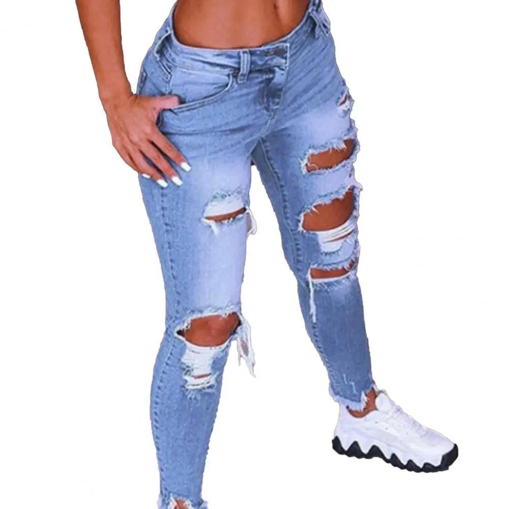 Women Fashion Hip Hop Broken Holes Denim Jeans Cord Ripped Pencil Pants