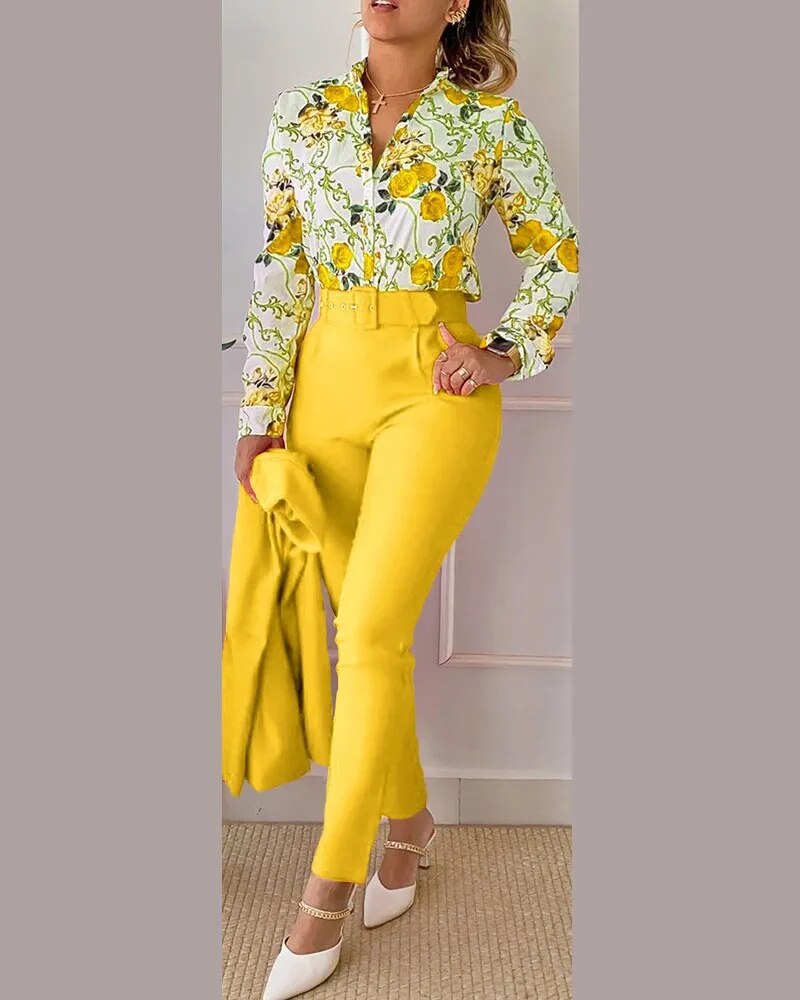 Women Shirt Pants Set Elegant Fashion V Neck Floral Print Long Sleeve High Waist Two Piece Set Office Lady Casual Trousers Suits