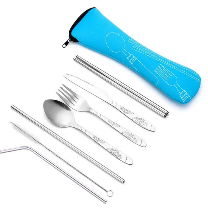 3Pcs/4Pcs/7Pcs Set Dinnerware Portable Printed Knifes Fork Spoon Stainless Steel Family Camping Steak Cutlery Tableware with Bag