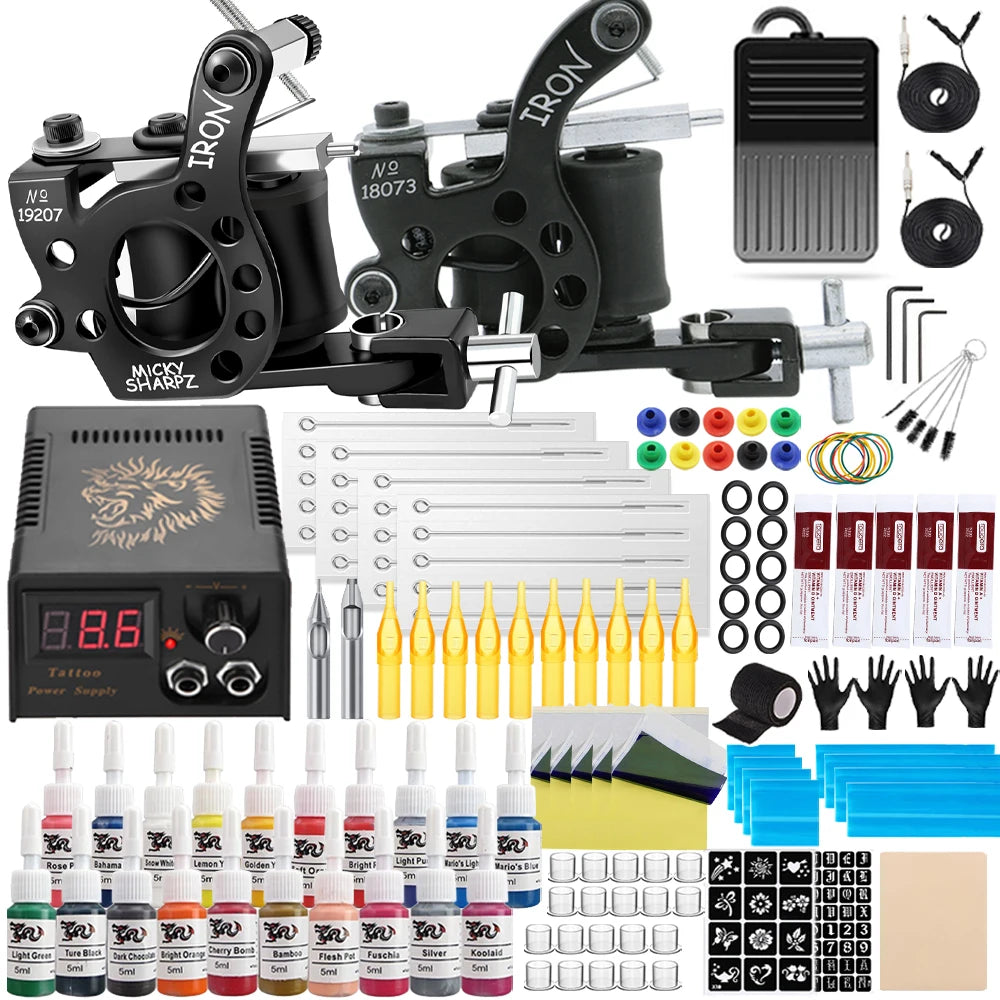 Professional Coil Tattoo Kit 10 Wraps Coils Machine Gun Set Power Supply Needles Inks Makeup Kit for Tattoo Beginner Supply