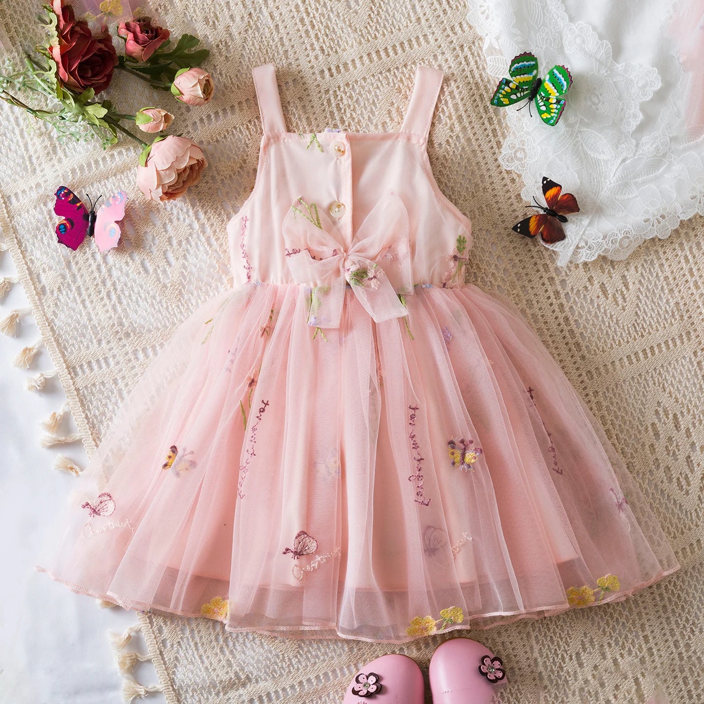 Toddler Baby Girls Summer Dress Puffy Mesh Tutu Princess Floral Embroidery Suspender Dress Baby Girls Birthday Party Clothes