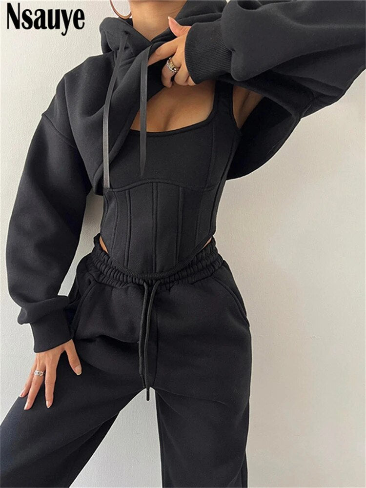 Nsauye Hoodies Women Casual Sport Sweatshirt Pants Tracksuit Y2K Outfits 2023 Fashion Corset Tops Pants Joggers Three Piece Set