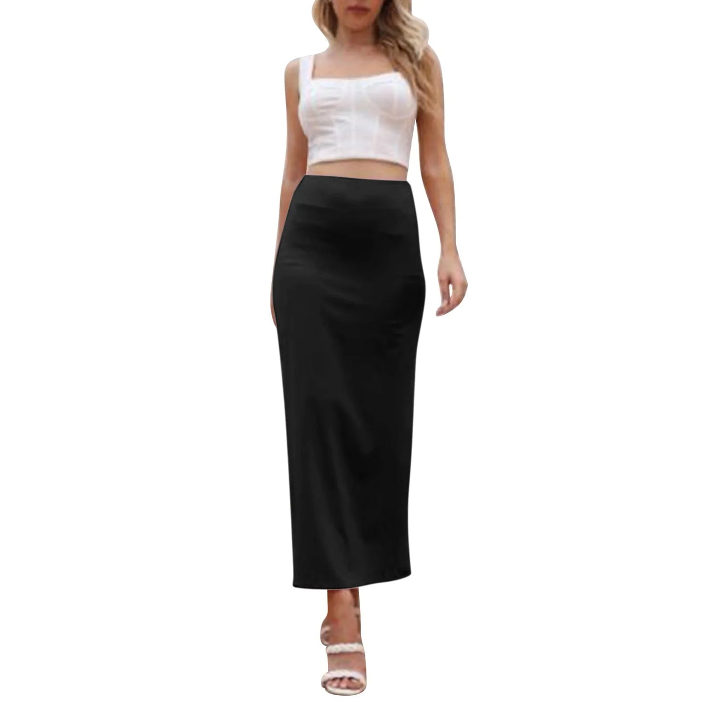 Party Straight Pencil Skirt For Women Solid Color High Waisted Bodycon Sexy Long Skirt Cocktail Wrapped Hip Basic Elegant Skirt