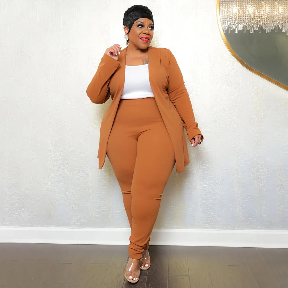 SOMOIA Plus Size Two Piece Sets Womens Outifits Professional Casual Long Sleeve Trousers Cardigan Suit Dropshipping Wholesale