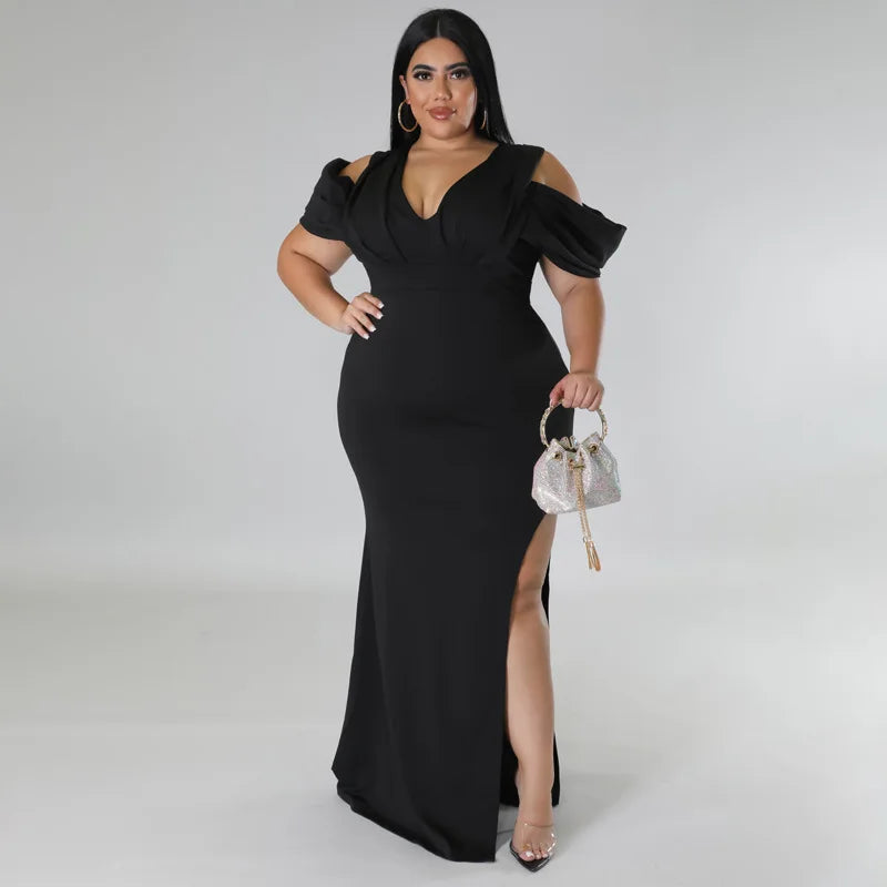 Plus Size Women Party Dress Split V Neck Evening Robe Female Luxury Designer Cloth 2023 Summer Evening Birthday Long Dress