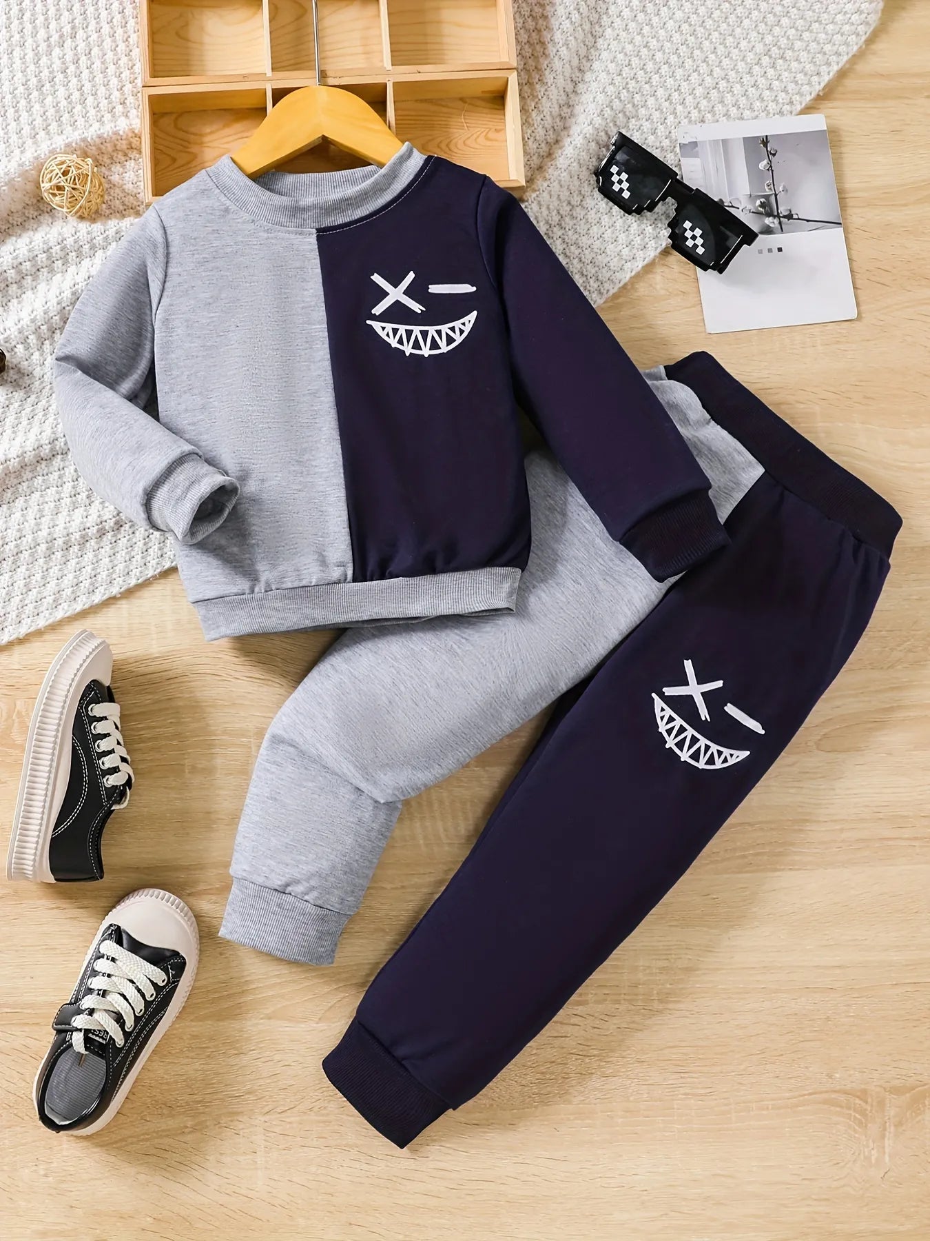 Toddler Boys Color Block Pullover Sweatshirt +  Pants Bottoms Set For Fall & Winter New Kids Clothes