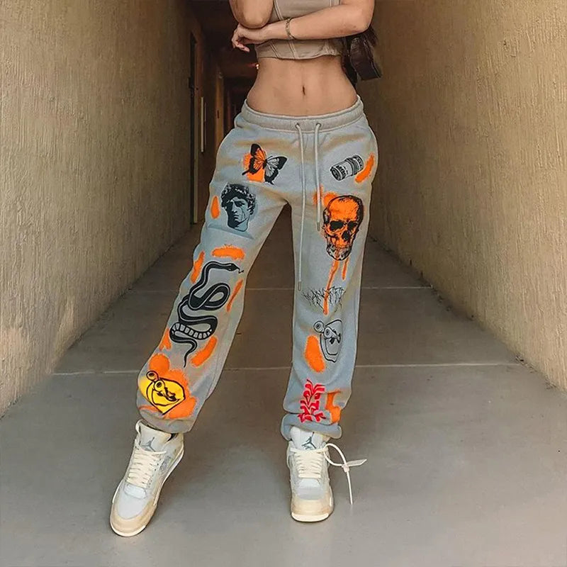 Women Sweatpants Joggers Y2K Harajuku Cartoon Skull Printed Streetwear Sweatpants Pants Casual High Waist Sweatpants 2023 Winter